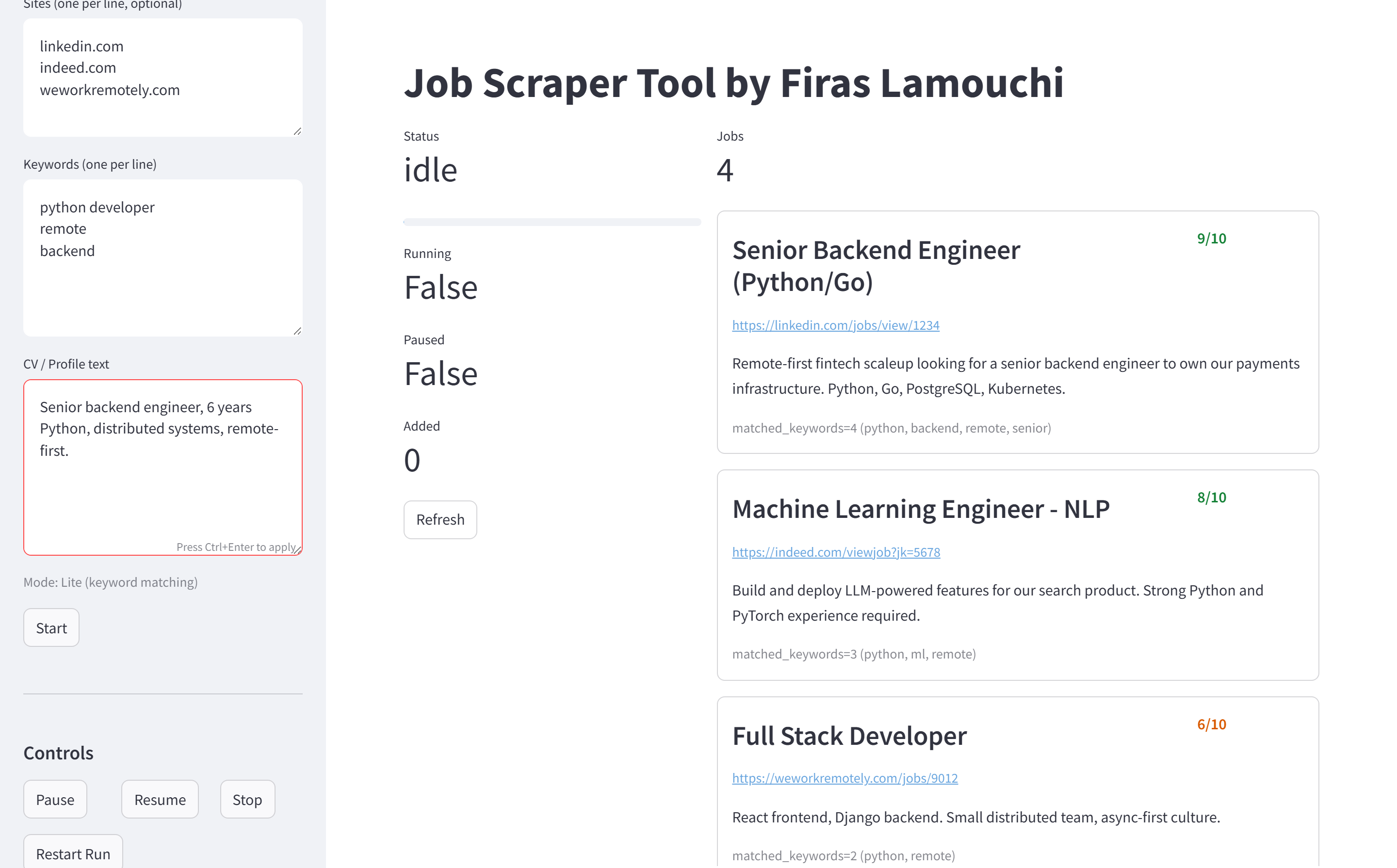 The sidebar: AI provider dropdown, API key fields, a Lite Mode toggle, and text areas for sites, keywords and CV