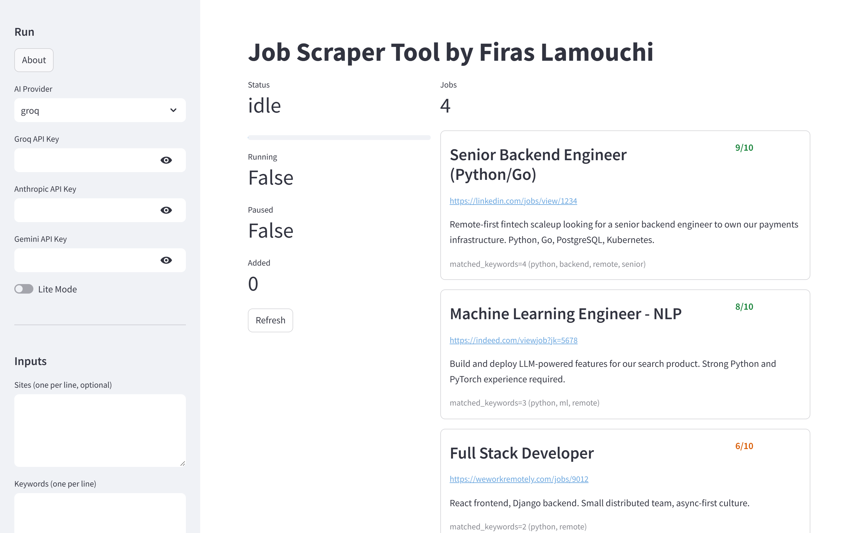 The dashboard: a list of jobs each with a 0–10 score, the highest first, and the run controls in the sidebar